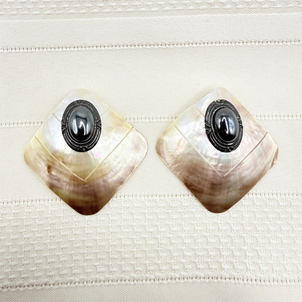 Vintage MOP Shell Earrings Pierced Silver Tone Accent Diamond-Shaped Boho
